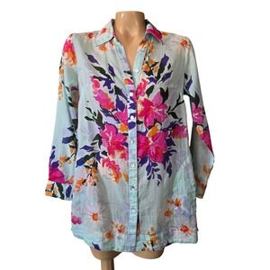 Soft Surroundings Light Mint Sheer Floral‎ Print Button Down Shirt Tunic PXSmall